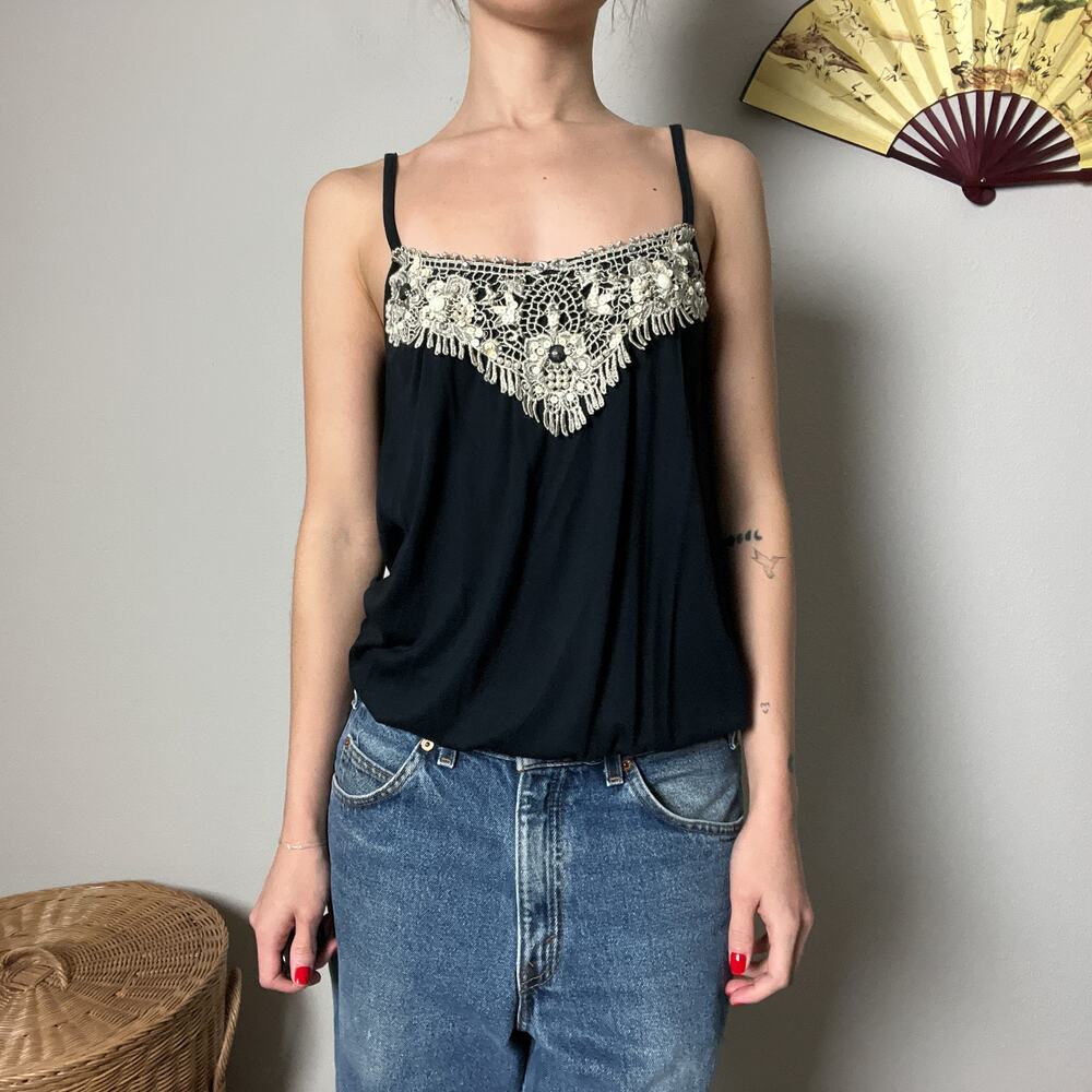 y2k navy black embroidered beaded sequin lace boho slouchy cami tank top blouse